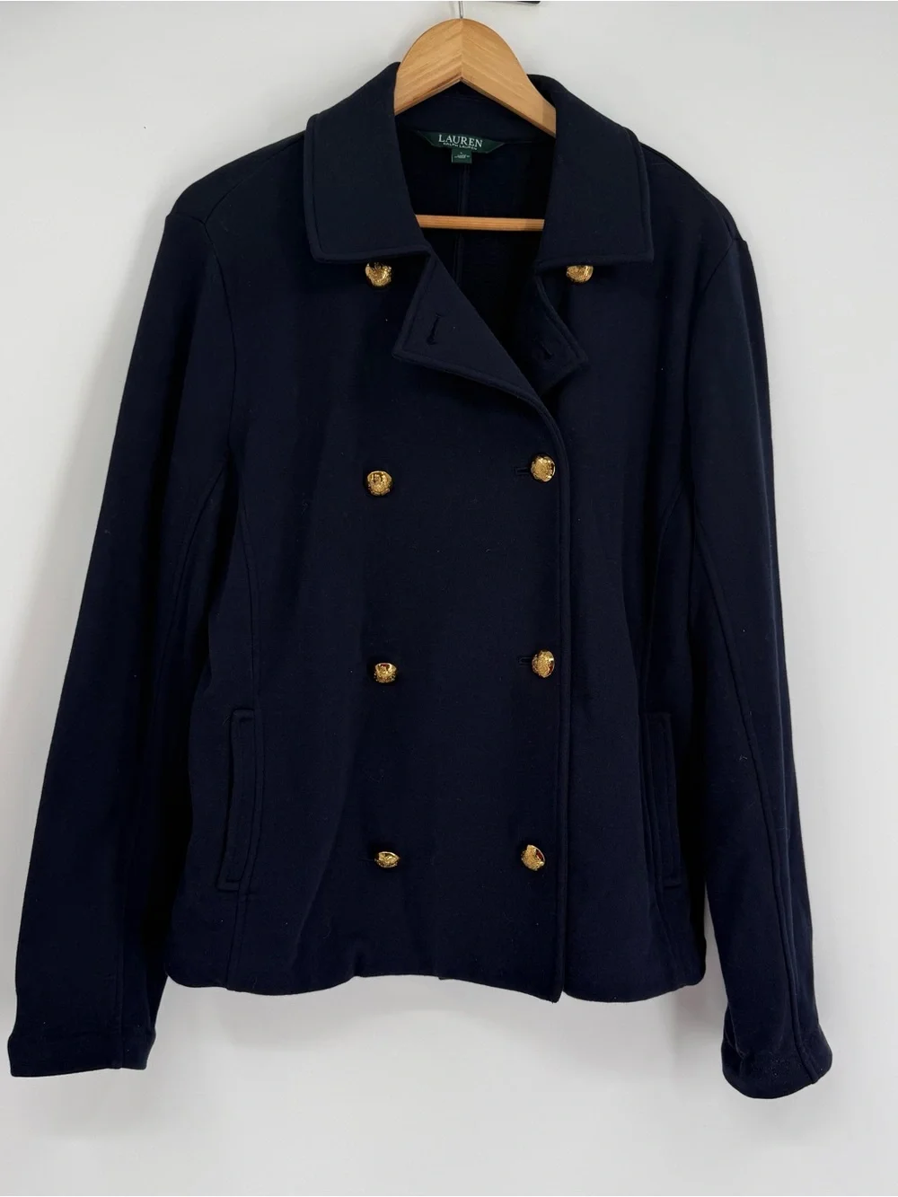 Lauren Ralph Lauren Navy Blue Knit Double Breasted Gold Crest Button Jacket L